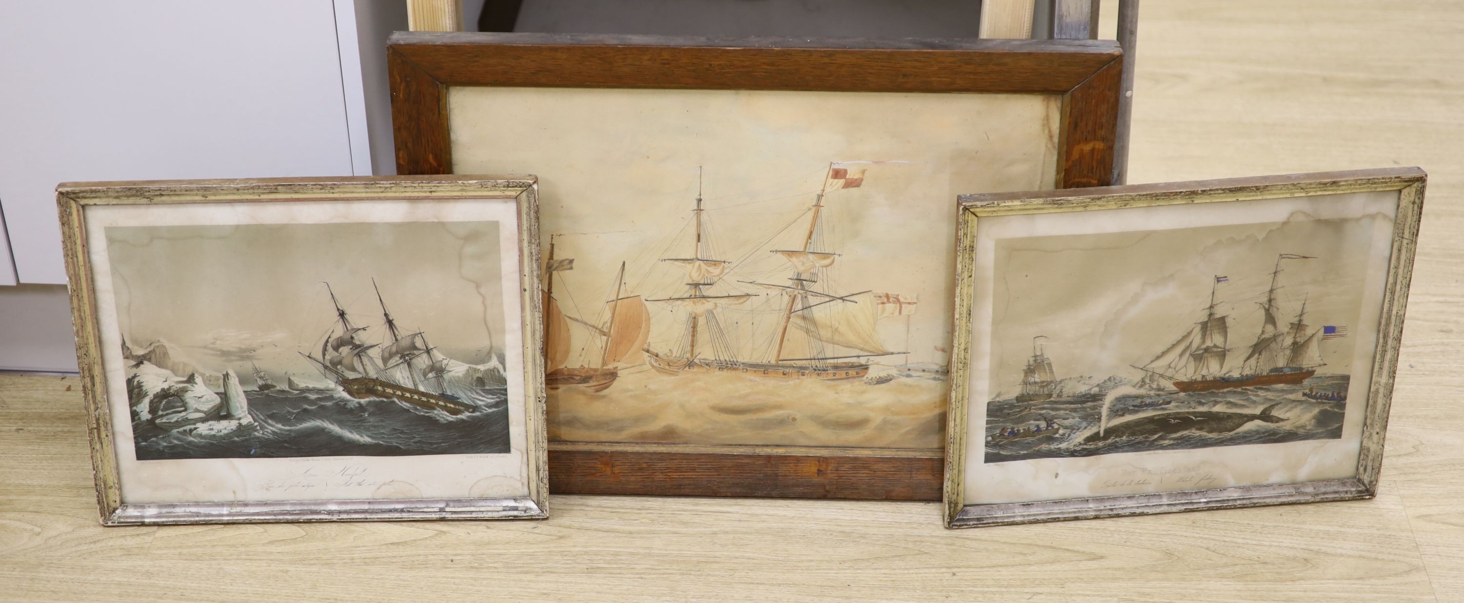 F.Ommanney (19th C), watercolour, Naive shipping scene, signed 38 x 55cm. and two coloured lithographs, whaling scenes ‘Der Wallfischfang’, 31 x 39cm overall. (3)